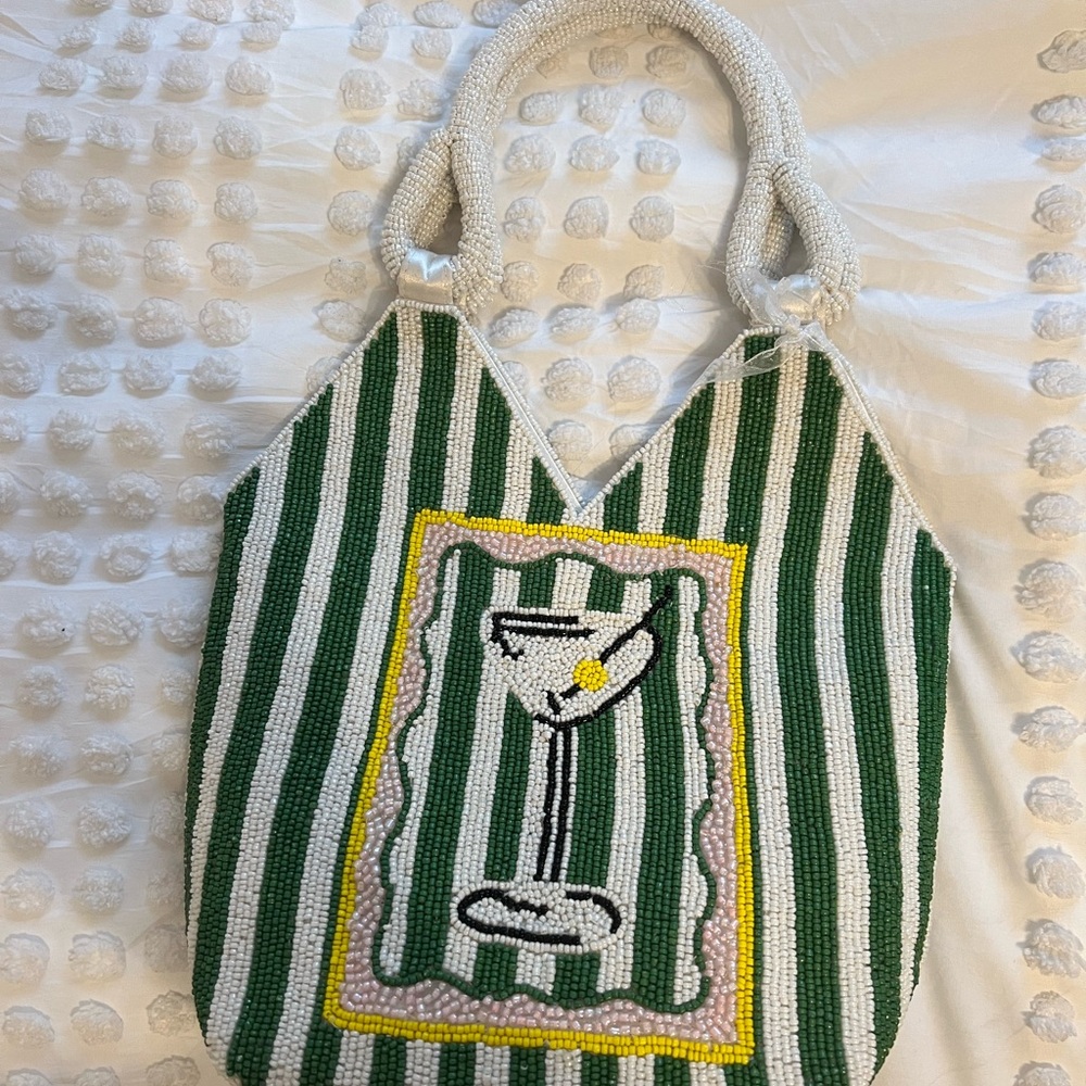 Green and White Striped Beaded bag